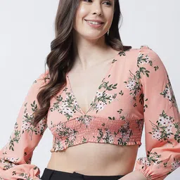 emeros Women Peach-Coloured Floral Printed Smocked Crepe Bralette Crop Top-picture-13