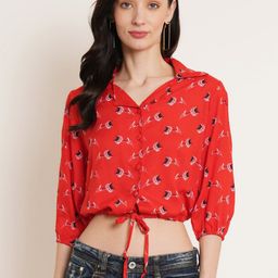 U&F Red Floral Printed Puff Sleeve Shirt Style Crop Top-image-73