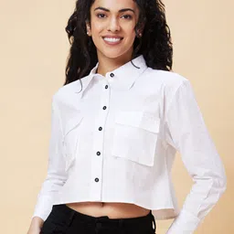 Globus White Cotton Shirt Style Crop Top-image-92