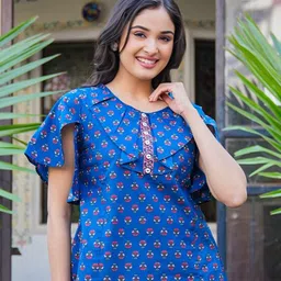 YASH GALLERY Floral Printed Slit Sleeves Ruffles Cotton Top-image-59