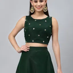 studio rasa Green Embellished Net Fitted Crop Top-picture-6