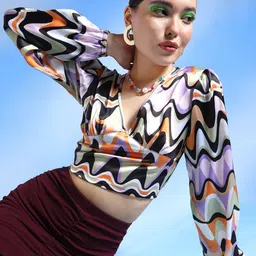 Popwings Abstract Print V-Neck Puff Sleeve Satin Crop Top-image-29