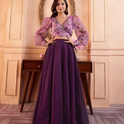 Inddus Floral Print V Neck Long Puff Sleeves Blouson Organza Top-image-51