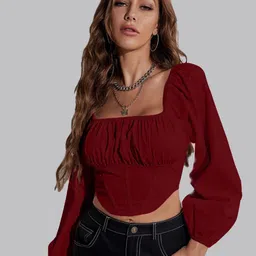 ELYRAA Square Neck Gathered Puff Sleeve Crepe Crop Fitted Top-image-57