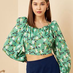 RARE Green & White Floral Printed Puff Sleeve Tie-Up Neck Crop Top-image-27