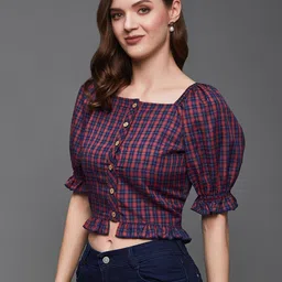 DressBerry Red Checked Puff Sleeve Georgette Crop Top-picture-10
