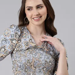 SHOWOFF Ethnic Motifs Printed Puffed Sleeves Smocking Crop Top-image-4