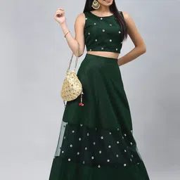 studio rasa Green Embellished Net Fitted Crop Top image 2