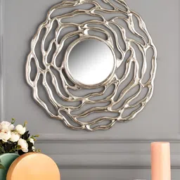 Decor de Maison Katz Silver Toned Round Shape Metal Wall Mirror-57