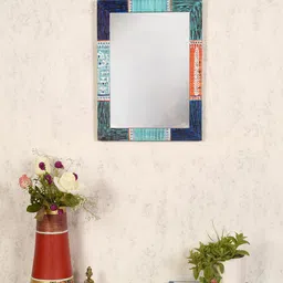 AAKRITI ART CREATIONS Blue Wood Textured Cultural Reflections Mirror-image-1