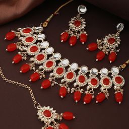 Aadvik Designs Gold-Plated Kundan-Studded & Beaded Jewellery Set-image-16