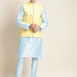 SOJANYA Men Blue Mirror Work Kurta with Churidar & Nehru Jacket-picture-52