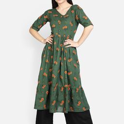 Fabclub Women Green & Orange Floral Printed Cotton Anarkali Kurta-28