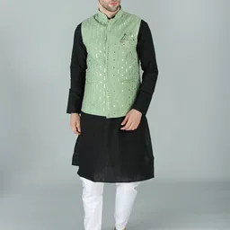 Exotic India Embroidery Woven Nehru Jacket-image-30