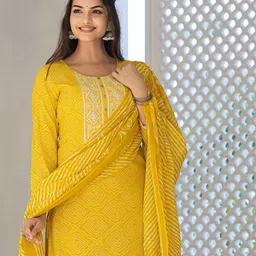 KALINI Bandhani Printed Regular Mirror Work Kurta With Trousers & Dupatta image 1