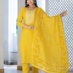KALINI Bandhani Printed Regular Mirror Work Kurta With Trousers & Dupatta image 2