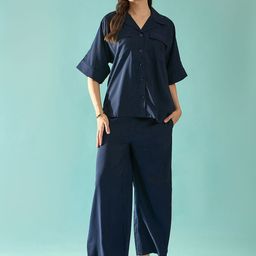 PANIT Navy Blue Lapel Collar Flared Sleeves Loose Fit Seersucker Shirt & Trousers-0