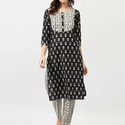 KALINI Black & White Ethnic Motifs Printed Pure Cotton Kurta with Trousers-31