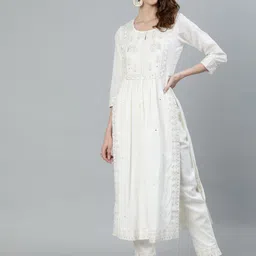 Ishin Women Off White Ethnic Motifs Embroidered High Slit Thread Work Pure Cotton Kurta with Trousers-image-32