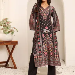 Varanga Floral Printed V-Neck A-Line Chanderi Silk Straight Kurta with Trousers-image-65