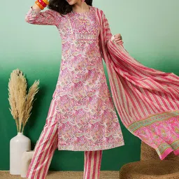 Sangria Printed & Embroidered Pure Cotton Straight Kurta With Trouser & Dupatta Set-image-78