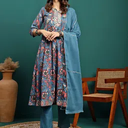 Sangria Printed Pure Cotton A-Line Kurta With Trouser & Dupatta Set-20