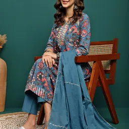 Sangria Printed Pure Cotton A-Line Kurta With Trouser & Dupatta Set image 3