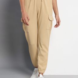 Q-rious Beige Women Mid-Rise Plain Pure Cotton Joggers Trousers-image-10