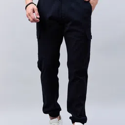 Style Quotient Men Navy Blue Smart Slim Fit Mid-Rise Stretchable Cotton Joggers Trousers-image-50