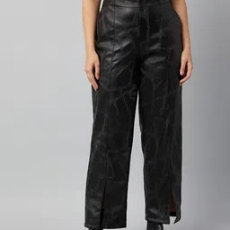Athena Women Black Textured Smart Leather Non Iron Trousers-image-21