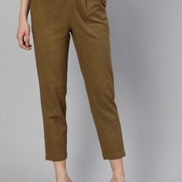 Jaipur Kurti Women Olive Green Solid Straight Fit Pleated Cotton Trousers-image-22