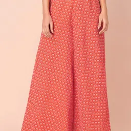 INDYA Women Orange Printed Floral  Flared Pleated Palazzo Pants-image-76