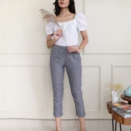 elleven Women Grey Solid Tapered Fit Cotton Pleated Trousers-image-17