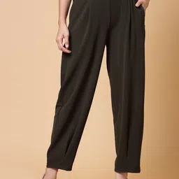 plusS WORX Women Olive Green Solid Pleated Trousers-picture-48