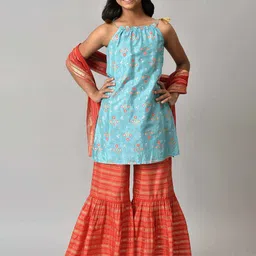 AURELIA Girls Blue & Red Floral Printed Kurta With Sharara & With Dupatta-image-3