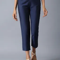 W Women Blue Slim Fit Solid Cigarette Trousers-image-74