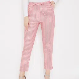 Bitterlime Women Pink Striped Smart Cotton Cropped Regular Trousers-image-16
