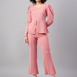 The Roadster Lifestyle Co.  Peach Sweeatheart Collar Puff Sleeves Casual Top With Trousers-image-55