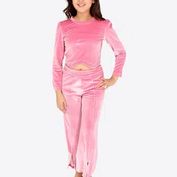 CUTECUMBER Girls Pink Solid Round Neck Top with Trousers-image-76
