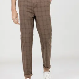 KETCH Men Brown Checked Slim Fit Easy Wash Cotton Trousers-image-80