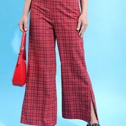 Tokyo Talkies Women Maroon Checked Flared Trousers-image-89