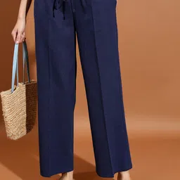 Tokyo Talkies Women Blue Mid Rise Cotton Flared Parallel Trousers-image-86