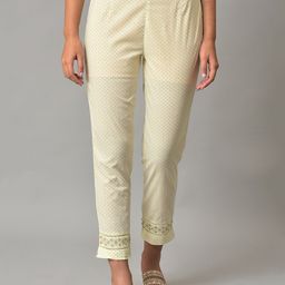 W Women White & Green Geometric Printed Mid Rise Pure Cotton Cropped Trousers-picture-24