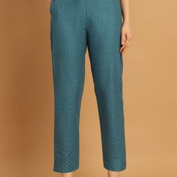 Aarsha Women Mid-Rise Geometric Textured Cotton Cigarette Trousers-image-42