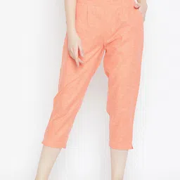 Bitterlime Women Coral Textured Relaxed Pleated Cropped Trousers-image-8