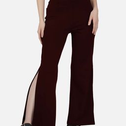 IMPERATIVE Women Relaxed High-Rise Pain Knitted Flared Side Slit Sports Bootcut Trousers-image-7