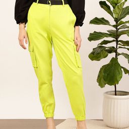 STREET 9 Fluorescent Green Women Relaxed Fit High-Rise Pure Cotton Cargo Trousers-image-74