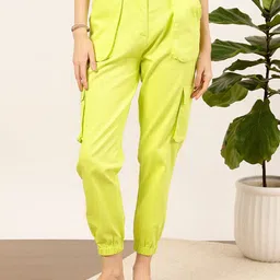 STREET 9 Fluorescent Green Women Relaxed Fit High-Rise Pure Cotton Cargo Trousers-image-85