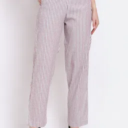 Aarsha Women White & Purple Striped Cotton Parallel Trousers-image-22