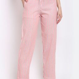 Aarsha Women Peach & White Striped Cotton Parallel Trousers-image-69